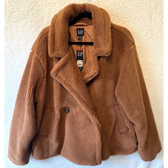 GAP Ladies Sherpa Jacket Brown X Large XL Button Closure Pockets Lined - Picture 3 of 14